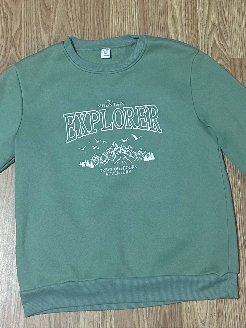 SHEIN Sage Green Mountain 'Explorer' Crewneck Sweatshirt - Size 10Y